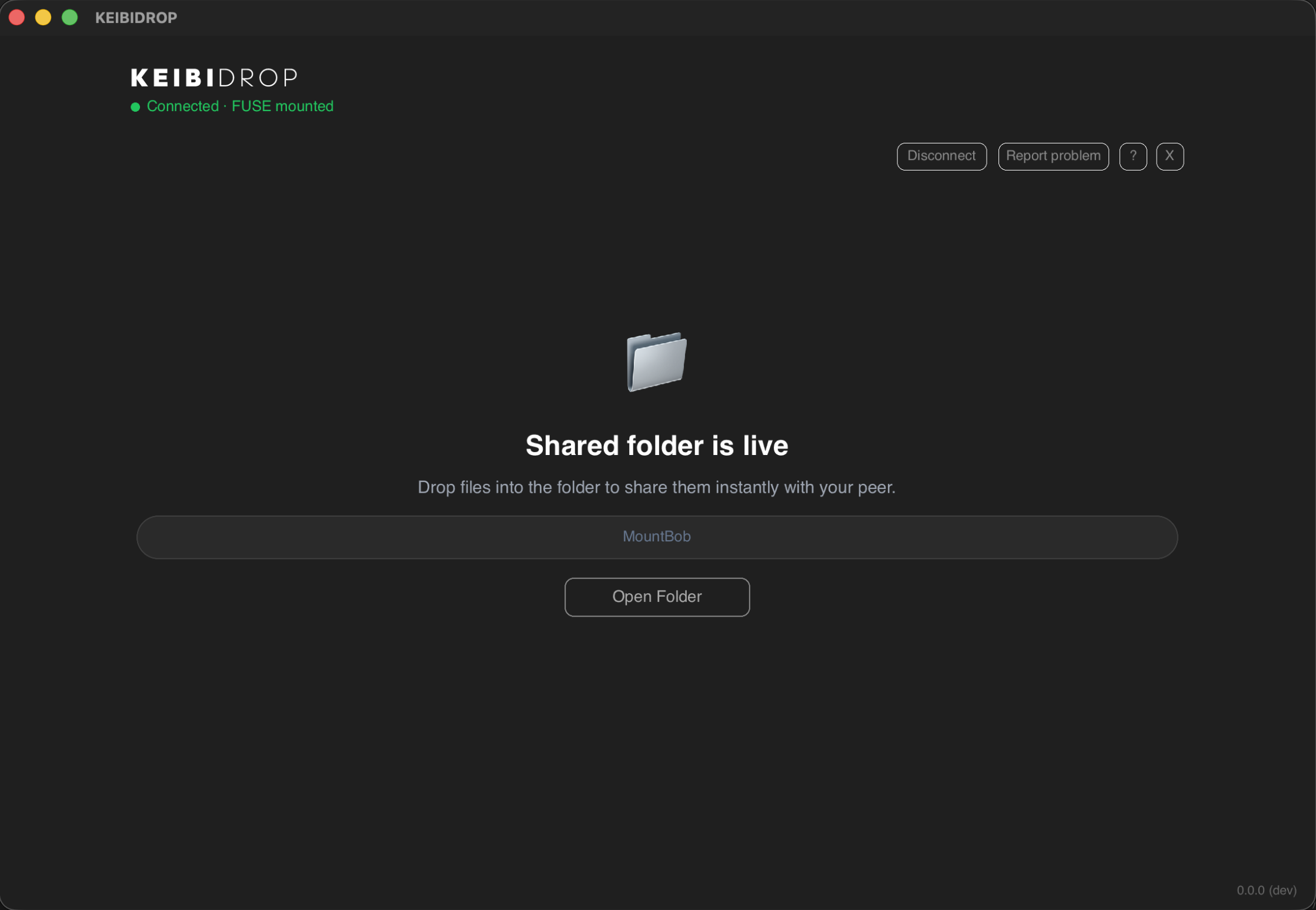 KeibiDrop virtual filesystem mode with shared folder mounted