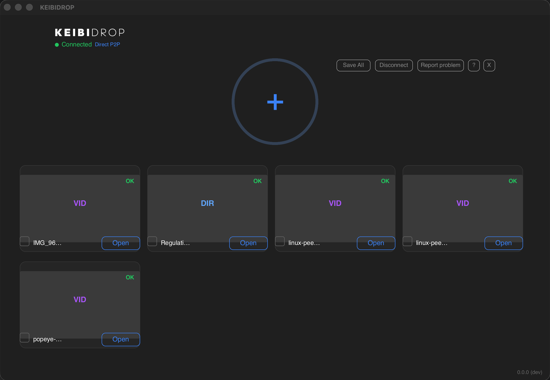 KeibiDrop direct transfer mode showing shared files between peers