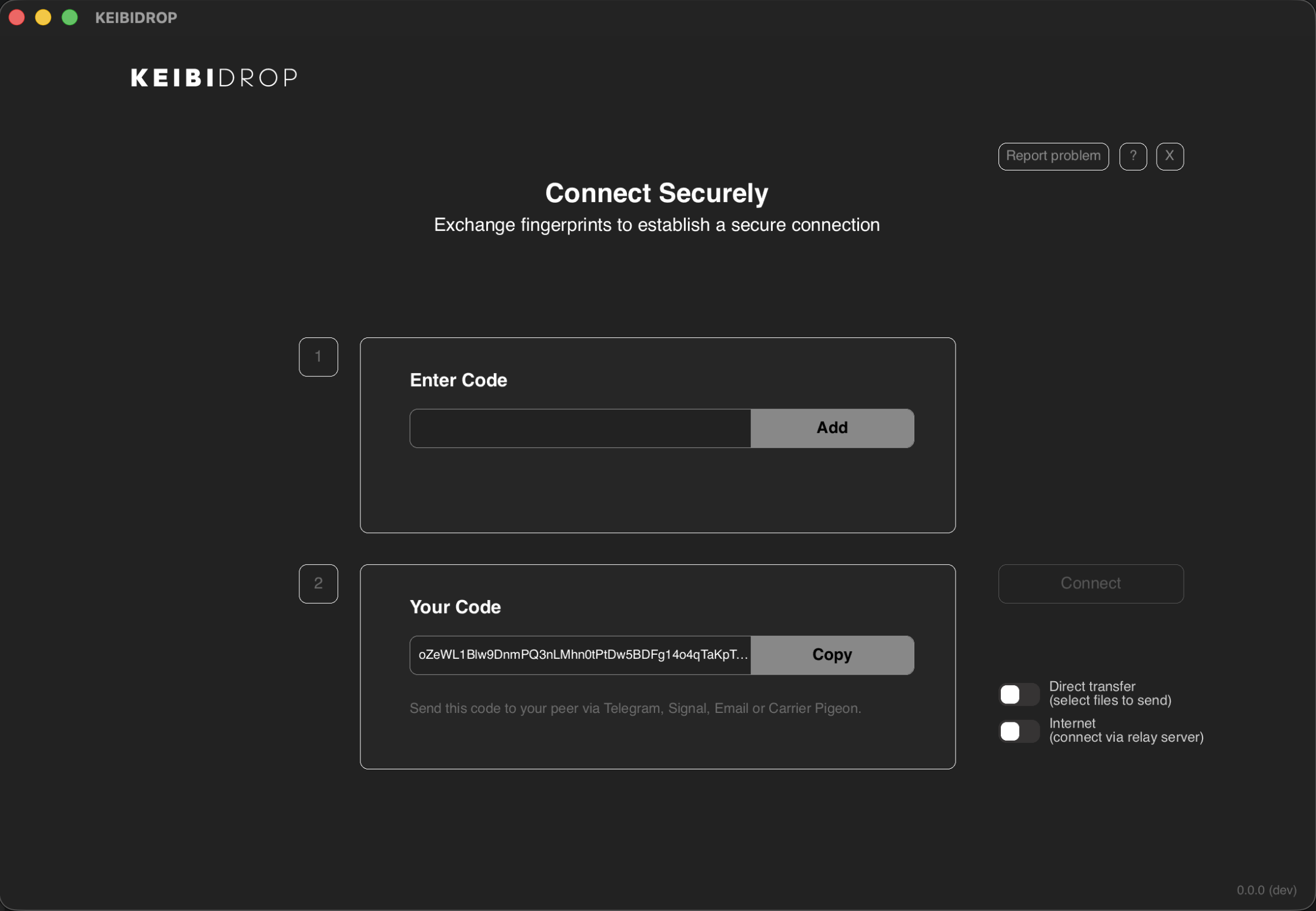 KeibiDrop connection screen where you exchange codes