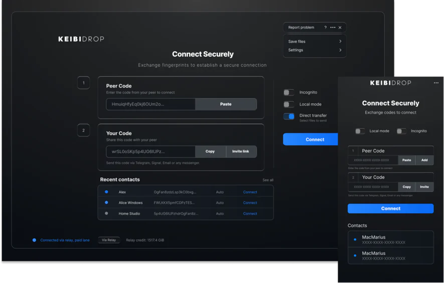 KeibiDrop on a desktop and a phone: the Connect Securely screen with your peer's code, your own code and recent contacts