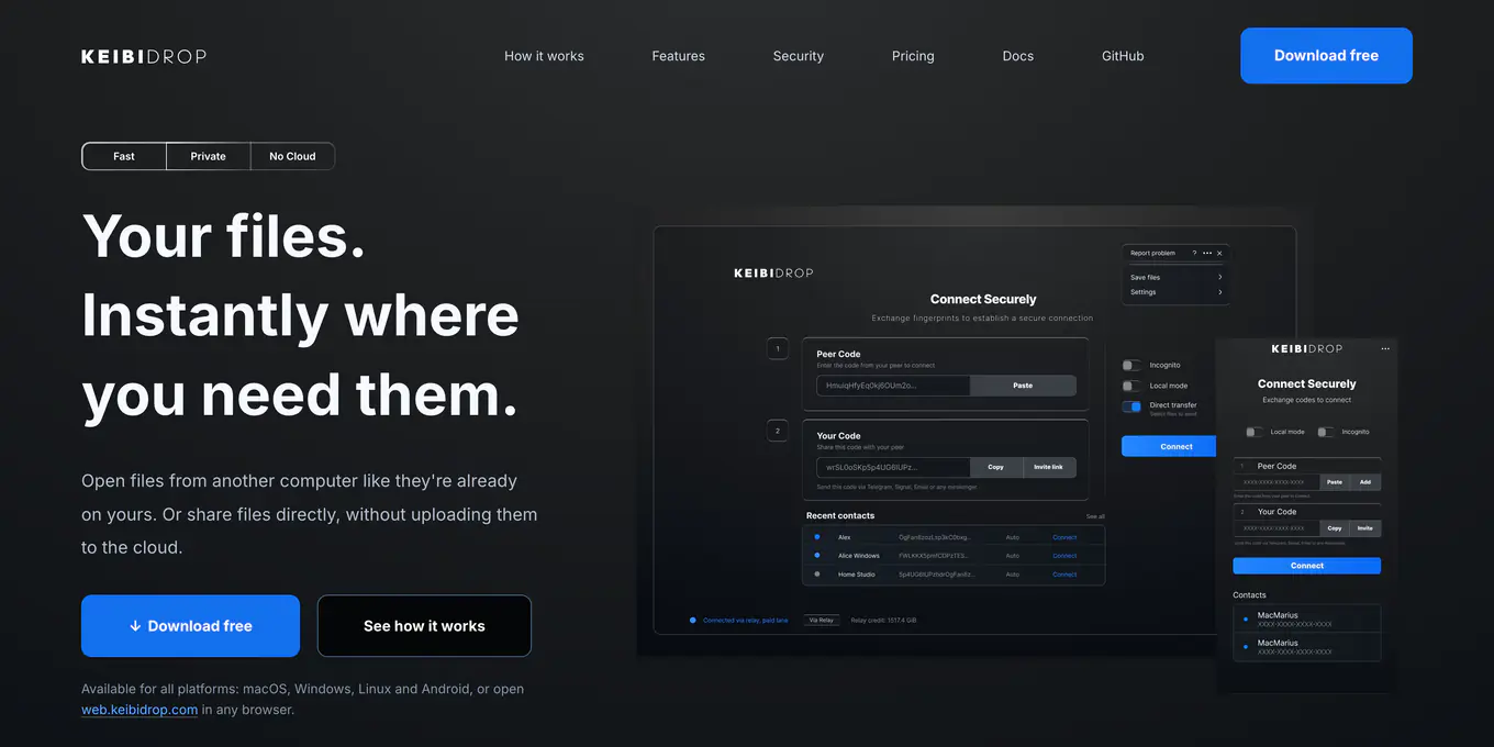 The new keibidrop.com home page: Your files. Instantly where you need them, next to the desktop app and the phone screen