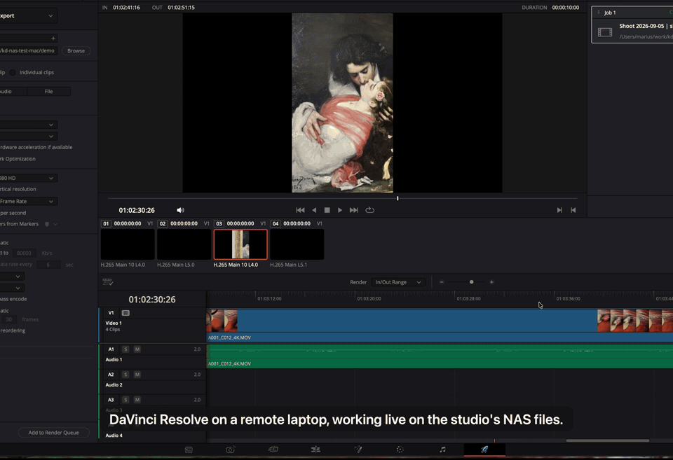 DaVinci Resolve on the Deliver page scrubbing a 4K clip that lives on a NAS. The filmstrip thumbnails fill in as the playhead moves.