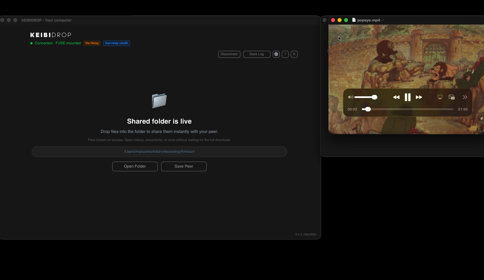 A Finder window showing the shared folder and a video playing