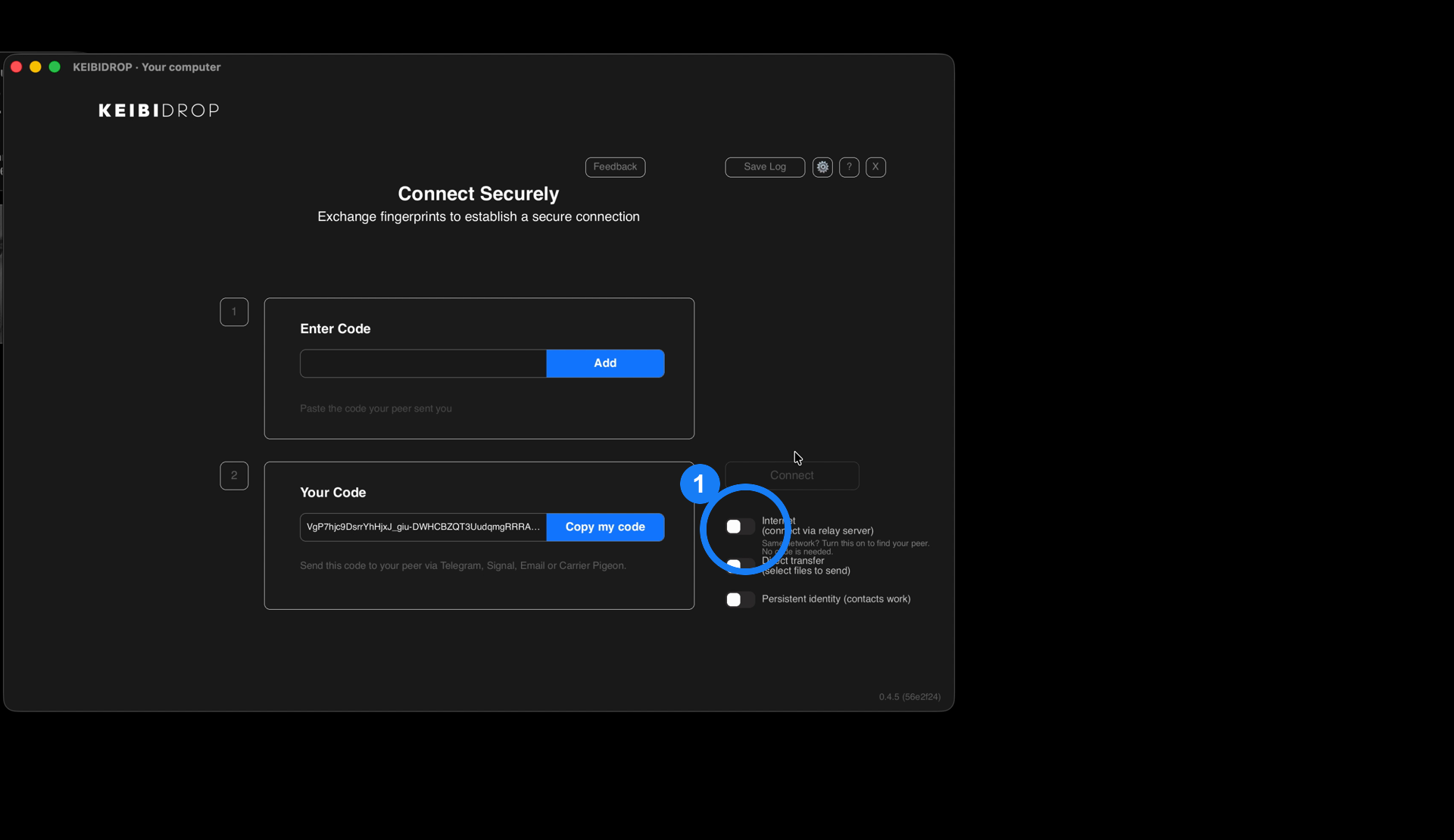 The connect screen with a ring around the Same network switch