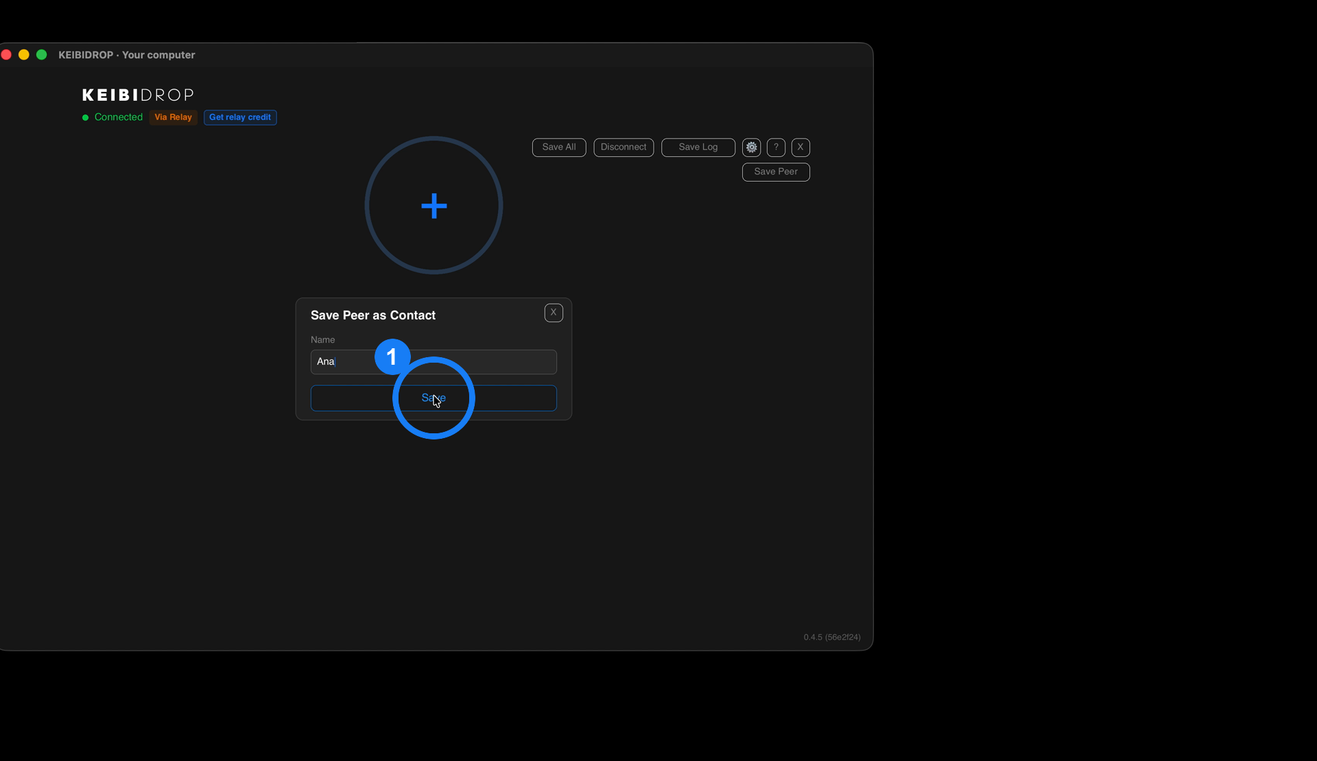 The Save Peer as Contact box with a name typed in