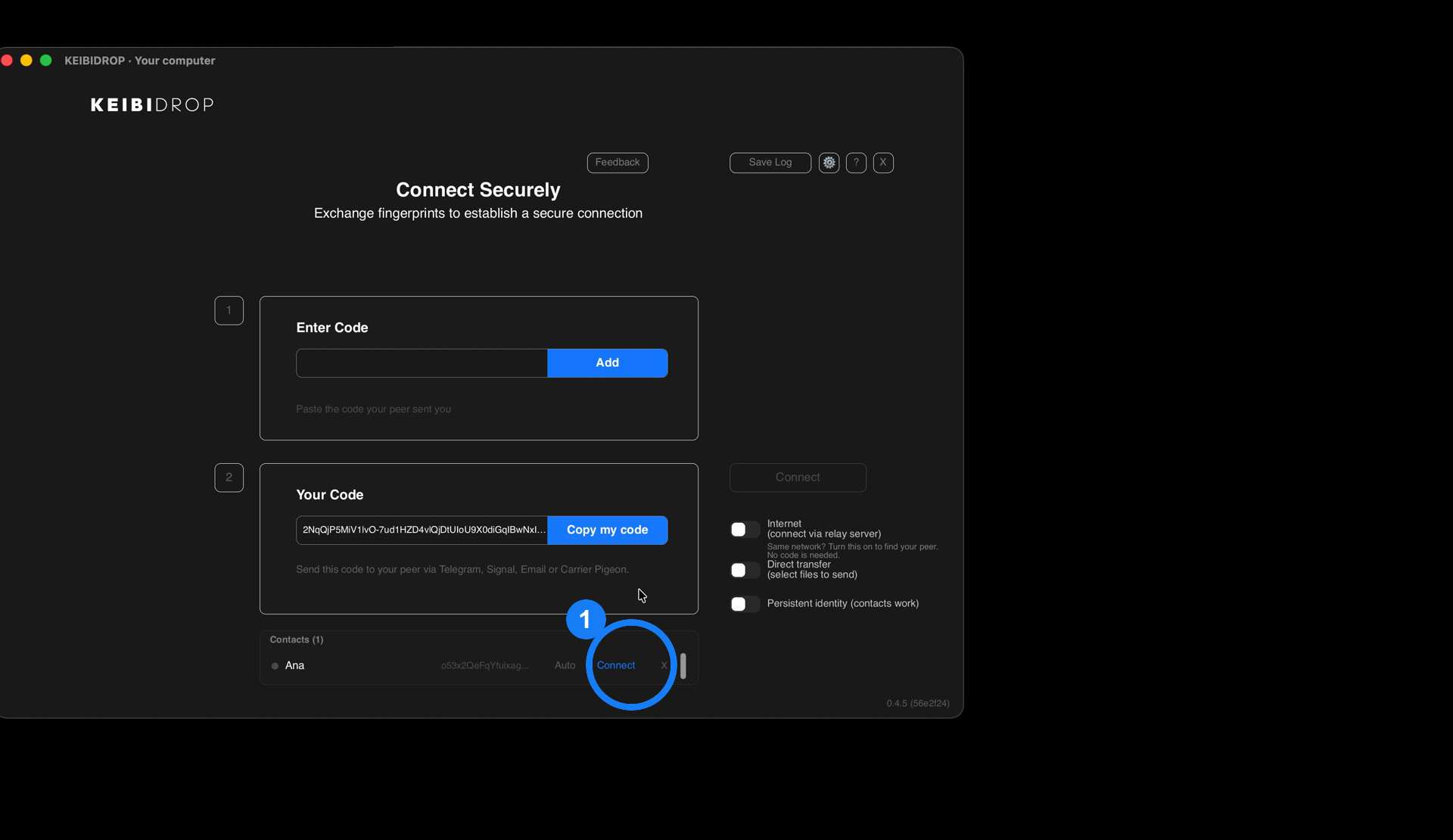 The Contacts list on the first screen with a ring around Connect